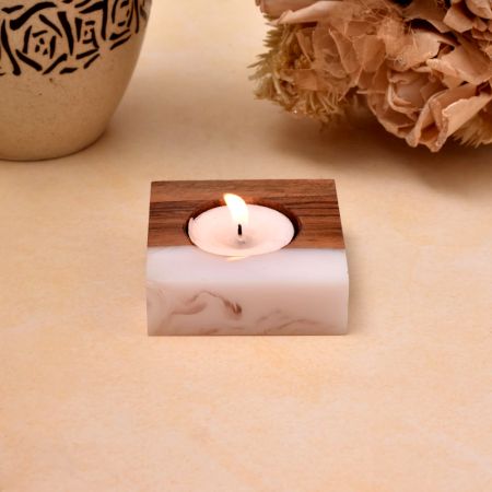 White Translucent Resin and Wood T-Lite Holder - 1 Piece